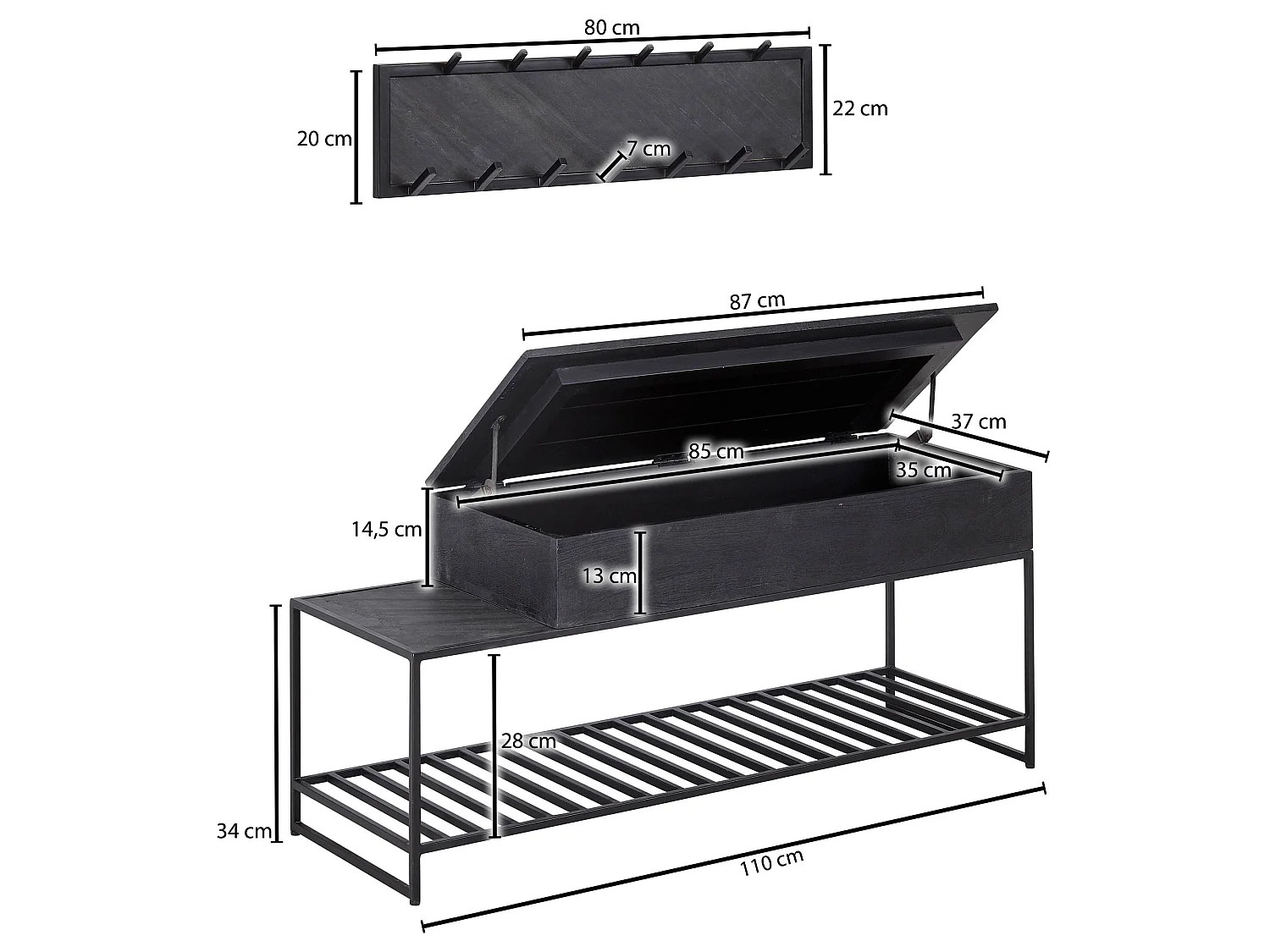 Panca con Appendiabiti da Parete Legno Massello 110 cm Nero Industriale
