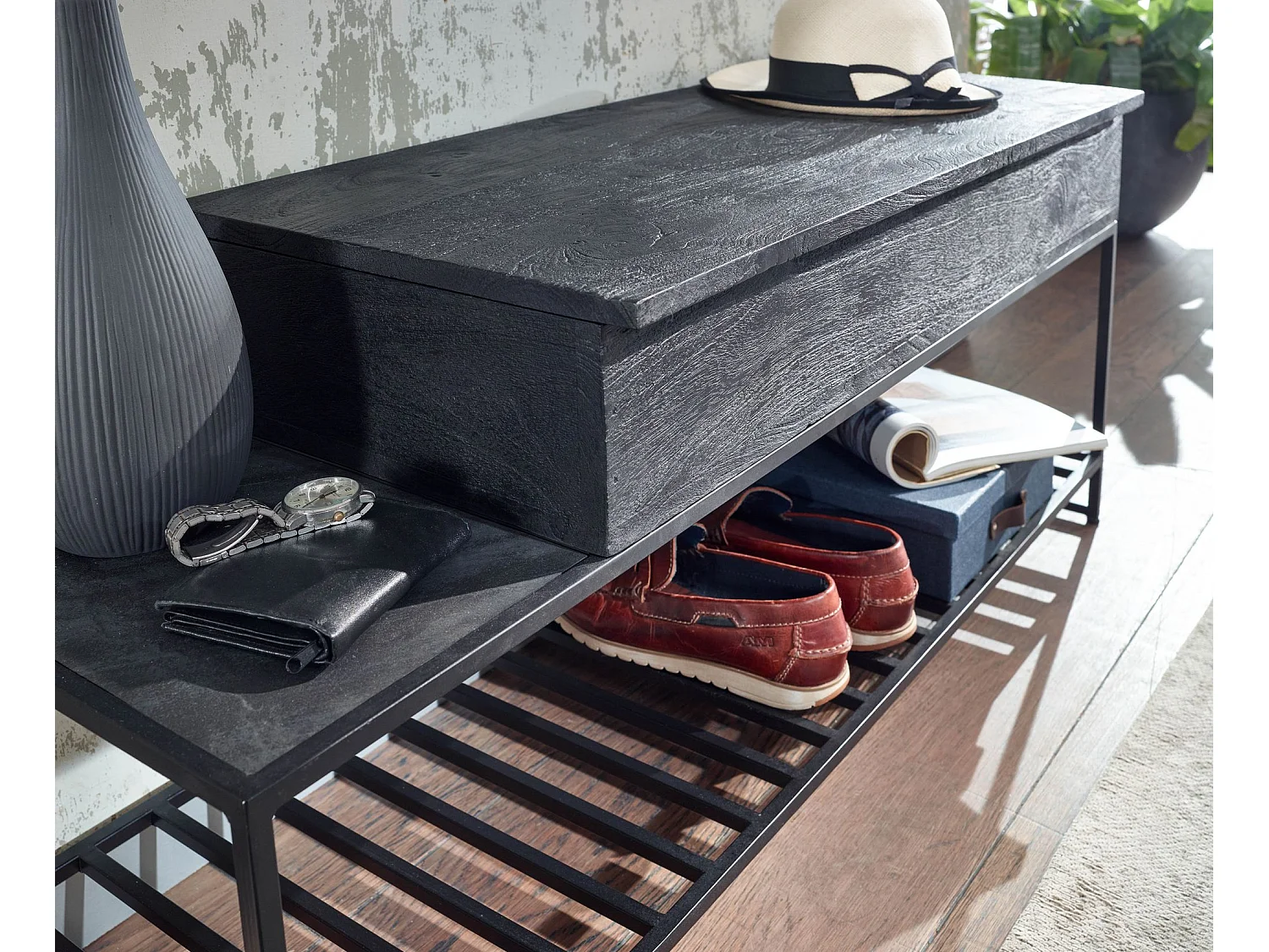 Panca con Appendiabiti da Parete Legno Massello 110 cm Nero Industriale