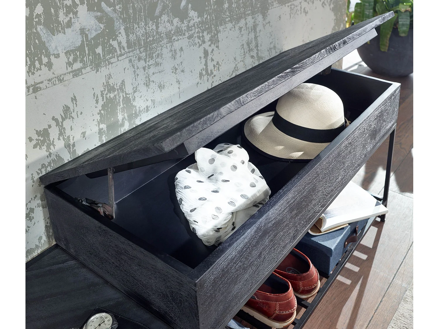 Panca con Appendiabiti da Parete Legno Massello 110 cm Nero Industriale