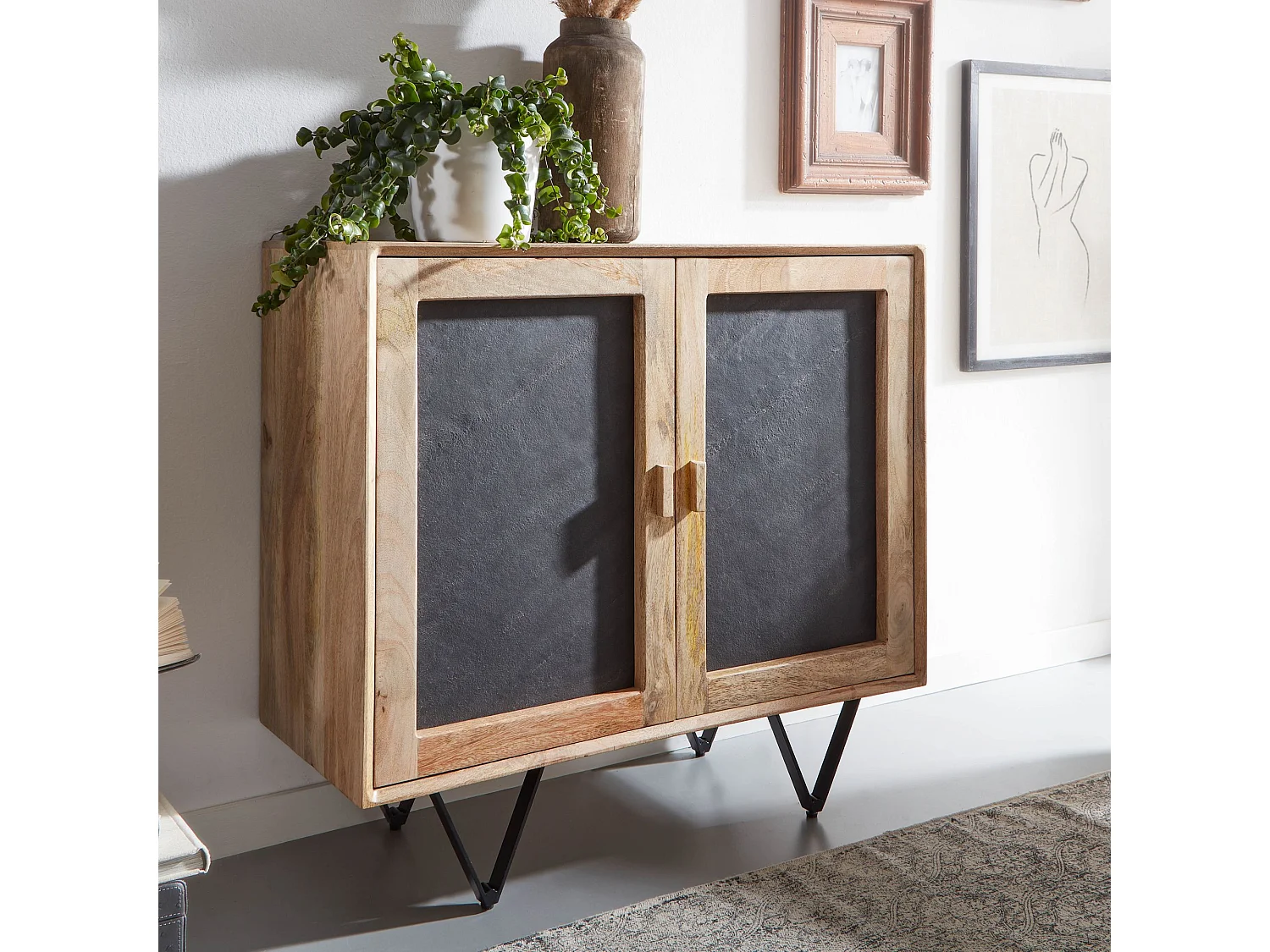 Sideboard 80x75x35cm Holz Massiv Stein Kommode Anrichte mit Türen Modern