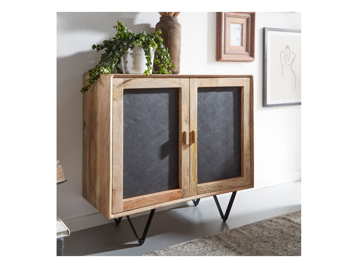 Buffet 80x75x35 cm Commode Bois Massif et Pierre avec 2 Portes Moderne