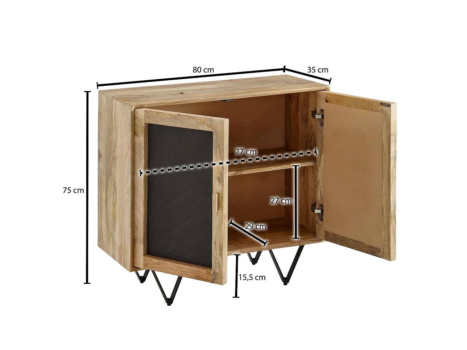 Buffet 80x75x35 cm Commode Bois Massif et Pierre avec 2 Portes Moderne