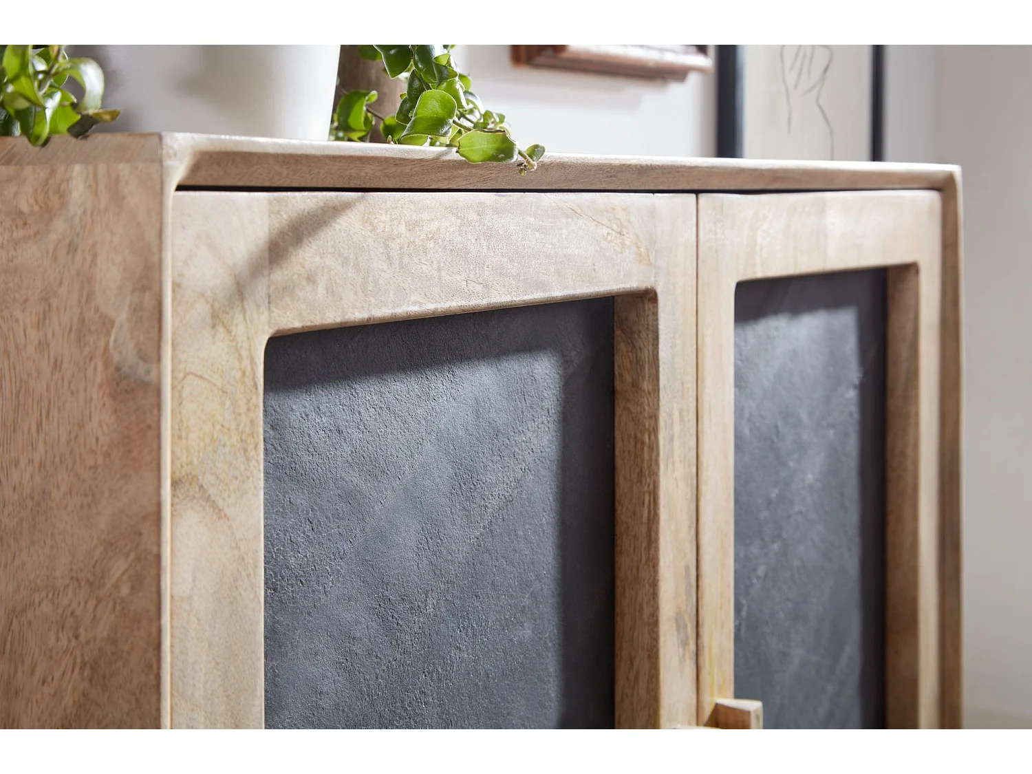 Buffet 80x75x35 cm Commode Bois Massif et Pierre avec 2 Portes Moderne