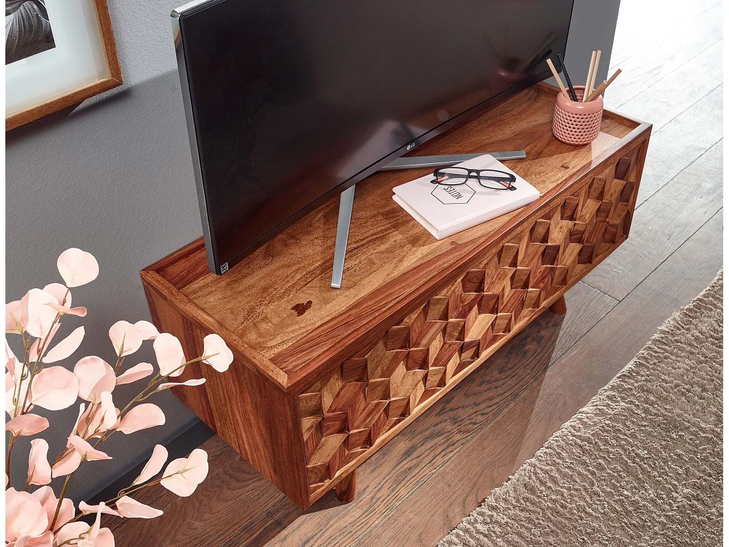 Meuble TV 92x44x35 cm Bois Massif Lowboard Panneau de Télévision Design
