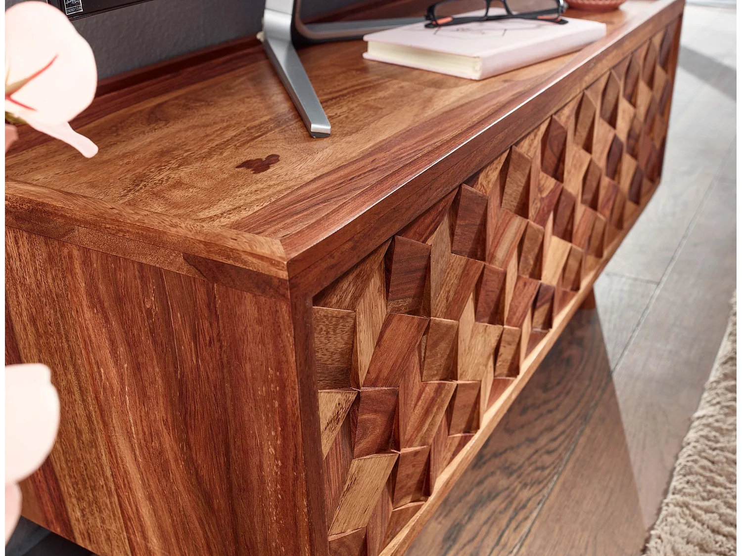 Meuble TV 92x44x35 cm Bois Massif Lowboard Panneau de Télévision Design