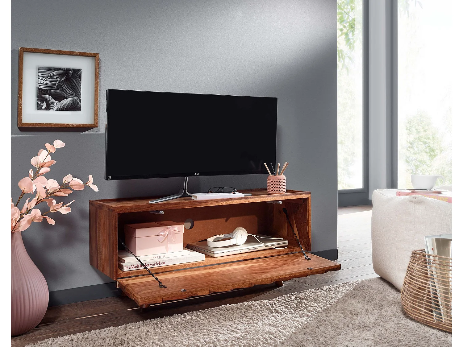Meuble TV 92x44x35 cm Bois Massif Lowboard Panneau de Télévision Design