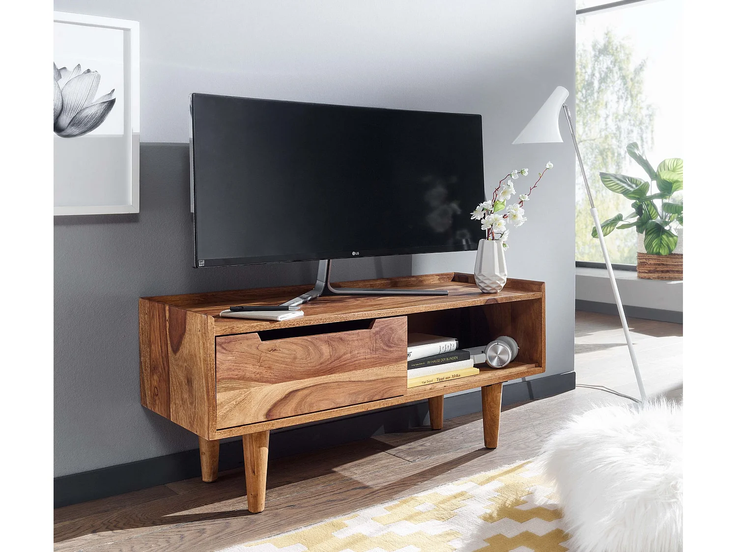 Mobile Porta TV 95x44x34 cm Legno Massello Soggiorno Lowboard con Anta