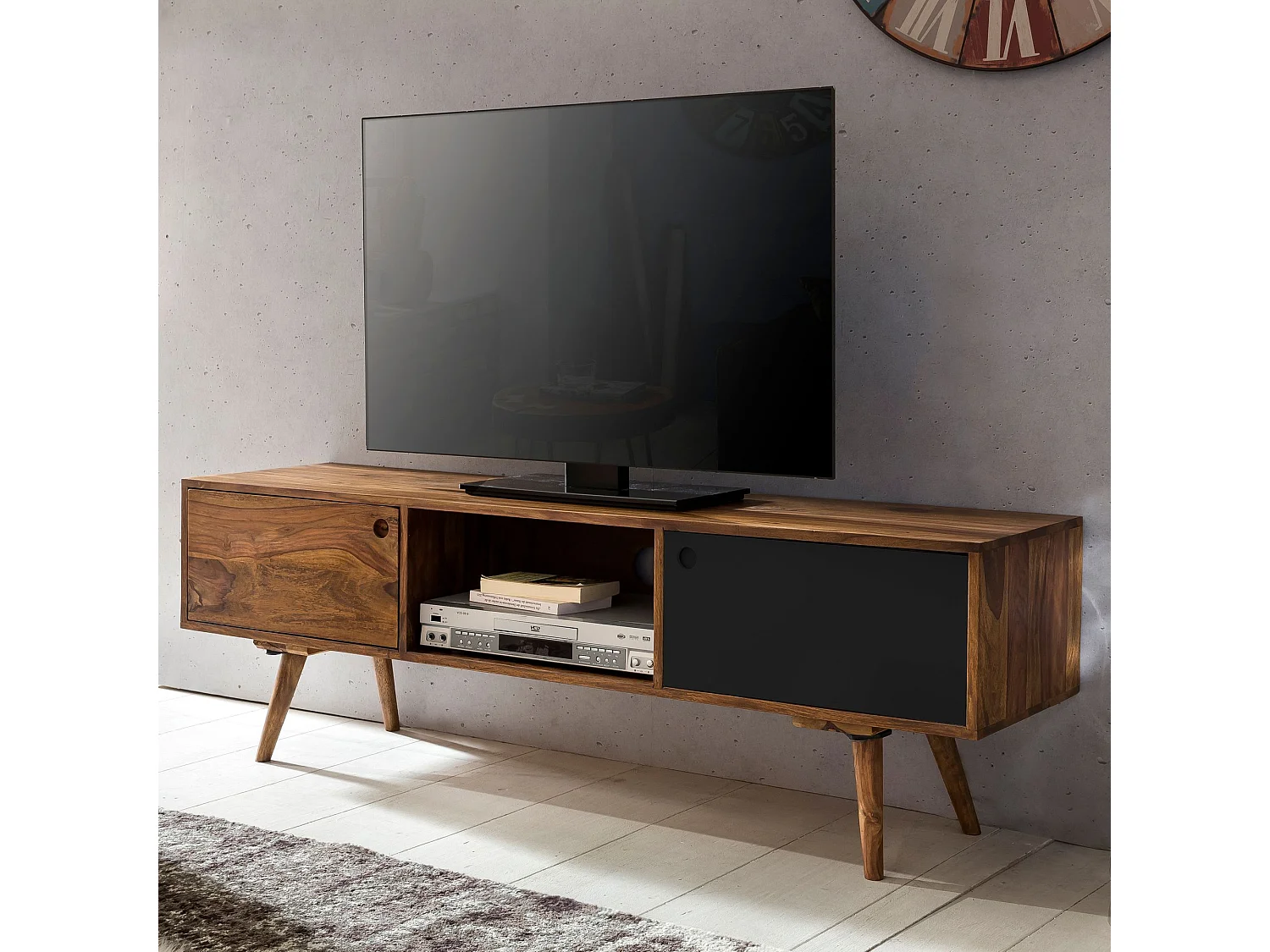 Meuble TV Bois Massif 140x45x35cm Lowboard TV commode Étagère télévision