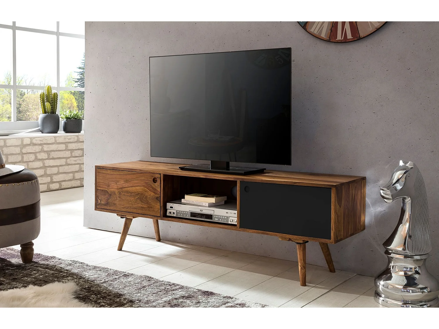 Meuble TV Bois Massif 140x45x35cm Lowboard TV commode Étagère télévision