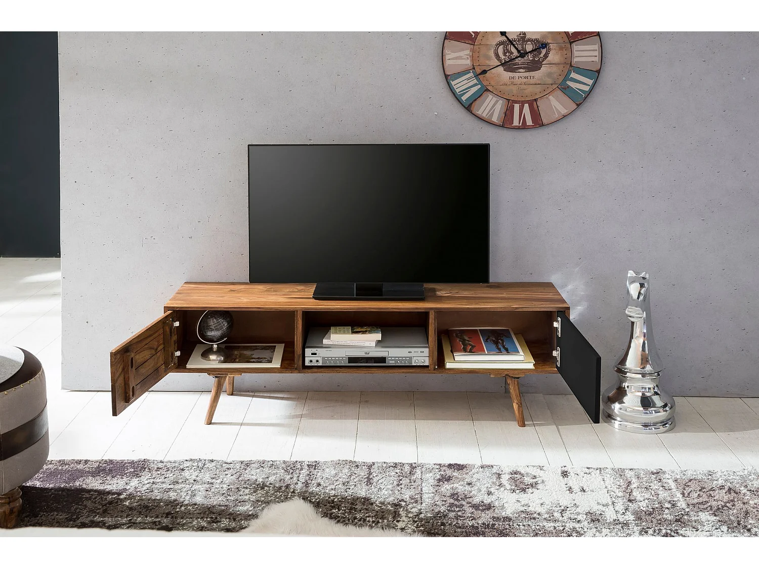 Meuble TV Bois Massif 140x45x35cm Lowboard TV commode Étagère télévision