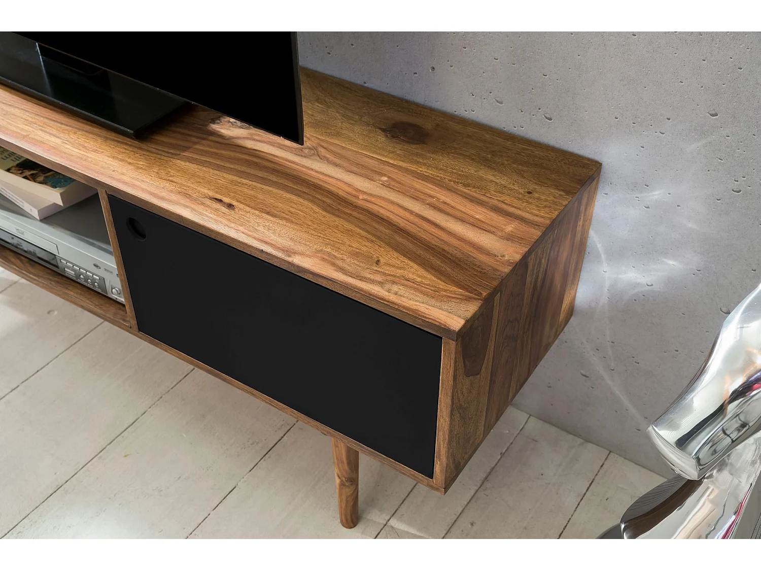 Meuble TV Bois Massif 140x45x35cm Lowboard TV commode Étagère télévision