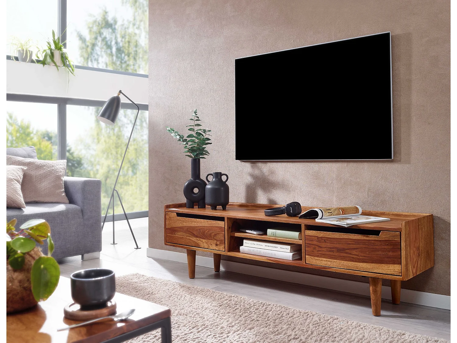 Meuble TV 145x43x35 cm Bois Massif Lowboard Panneau de Télévision Design