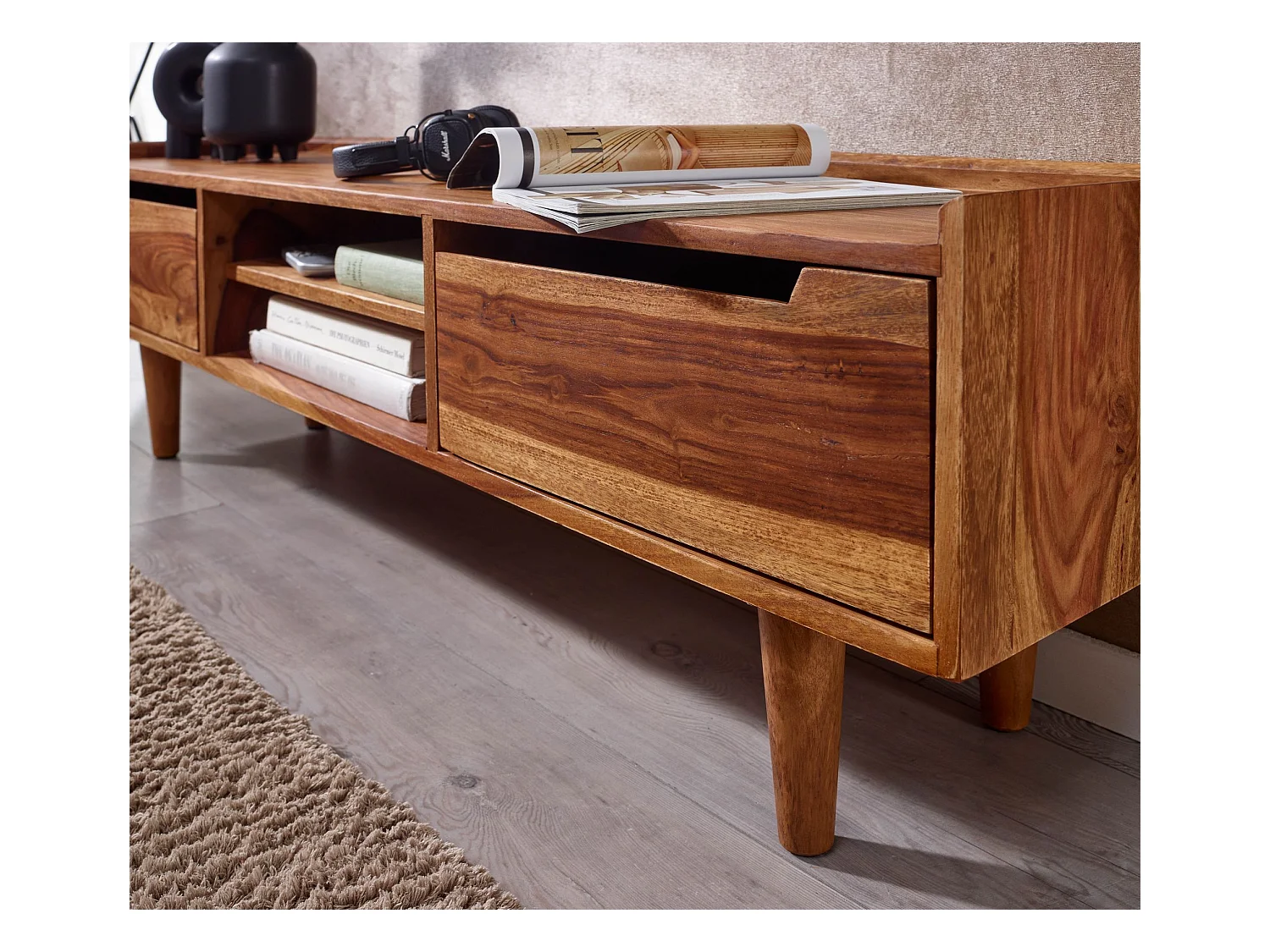 Meuble TV 145x43x35 cm Bois Massif Lowboard Panneau de Télévision Design