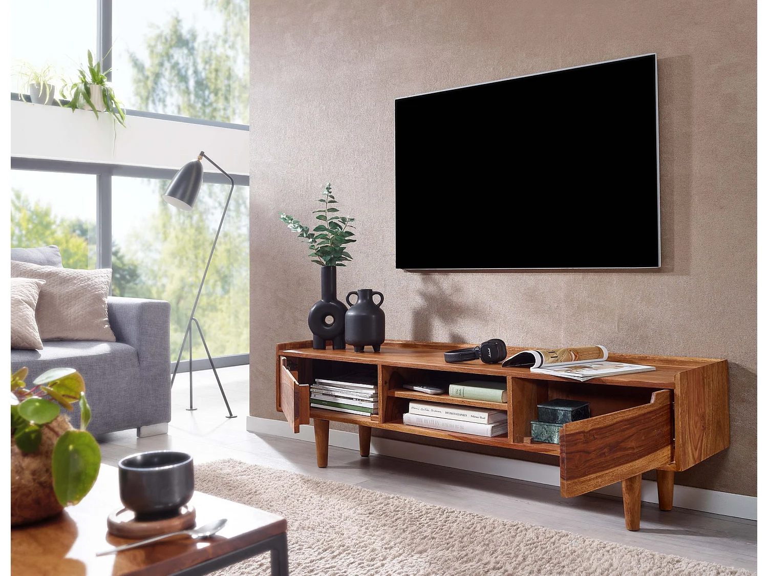 Meuble TV 145x43x35 cm Bois Massif Lowboard Panneau de Télévision Design