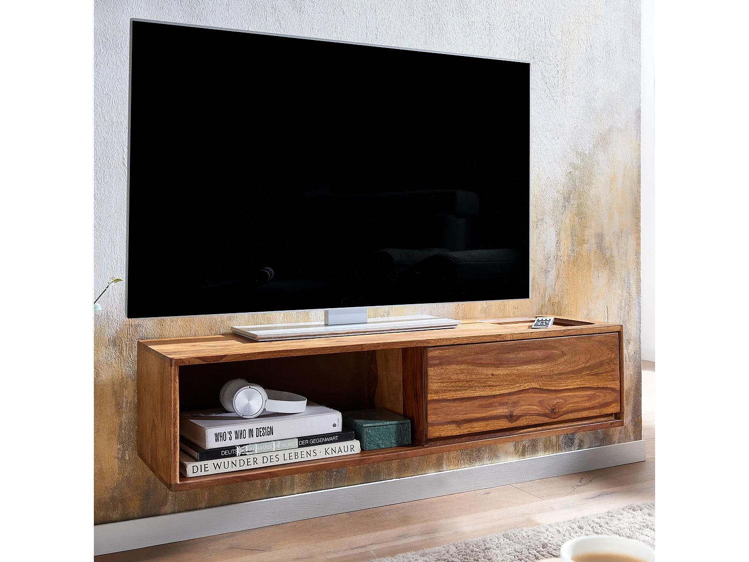 Meuble TV Suspendu 108x25x34 cm Bois Massif Panneau Télévision Lowboard