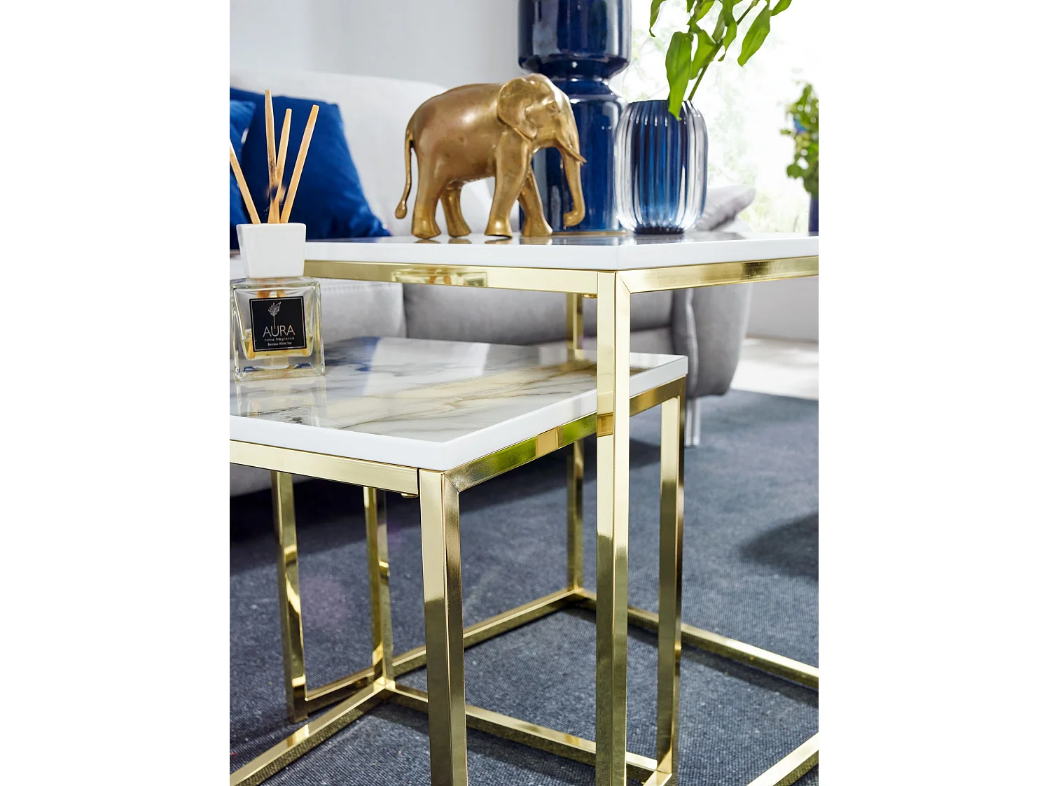 Set di 2 Tavolino Salotto Metallo Tavolini da Soggiorno Aspetto Marmo