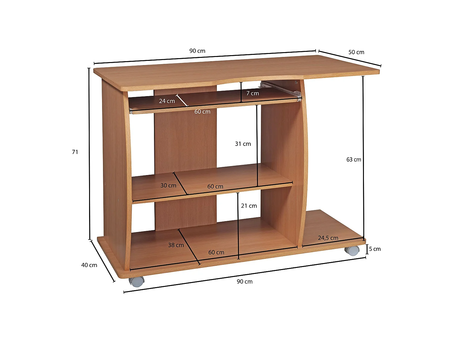 Scrivania Ufficio 90 x 71 x 50 cm Faggio Legno Tavolo con ruote Moderna