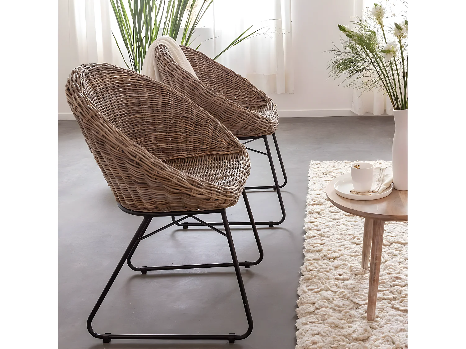 Lote de 2 sillas de ratán Uma sin reposabrazos, color marrón