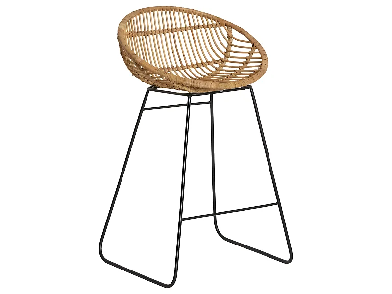 Taburete de bar de ratán y metal negro con asiento redondo Calvi - Bohème chic