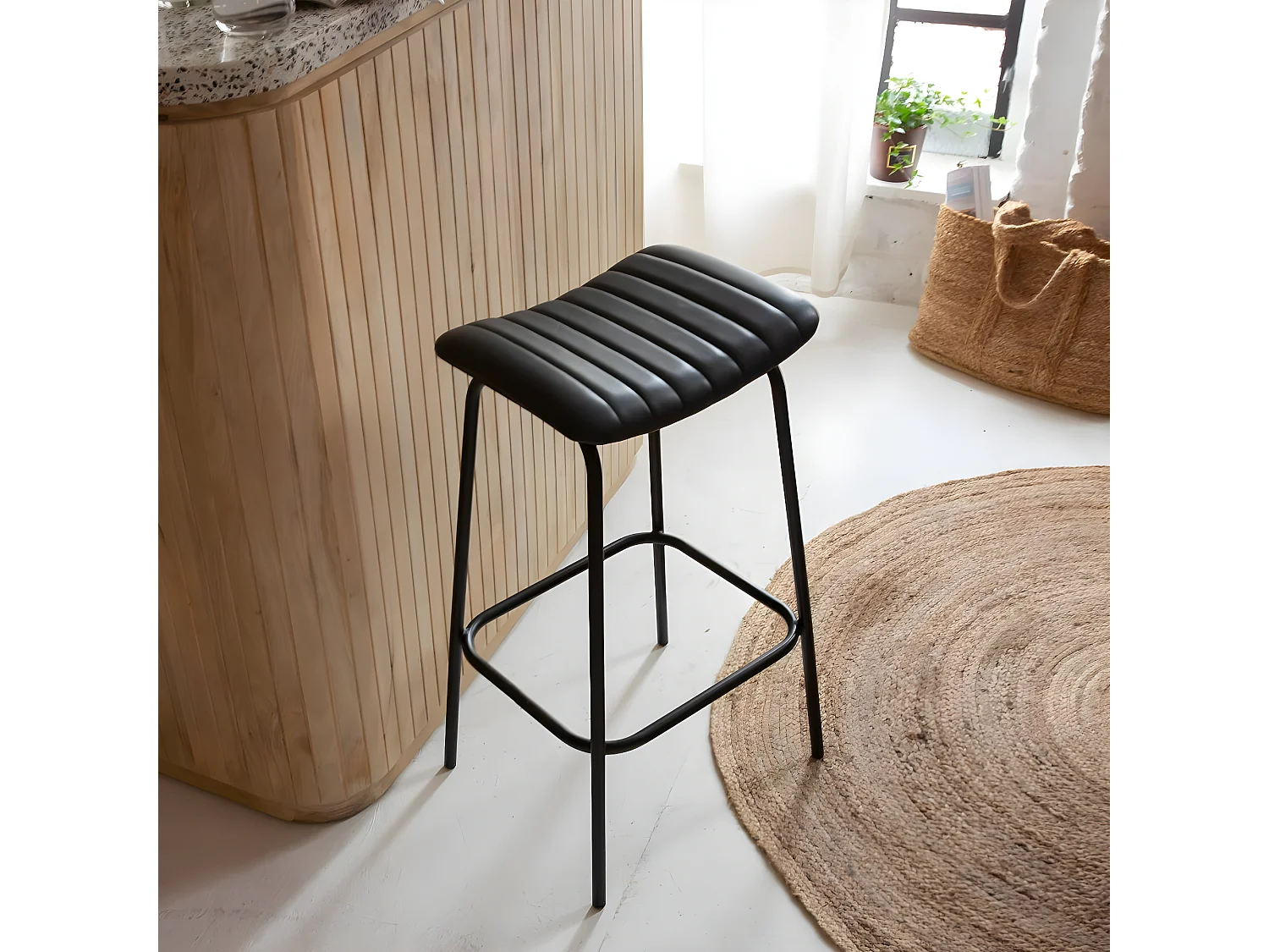 Tabouret de bar en cuir noir et métal Alexandre (lot de 2)