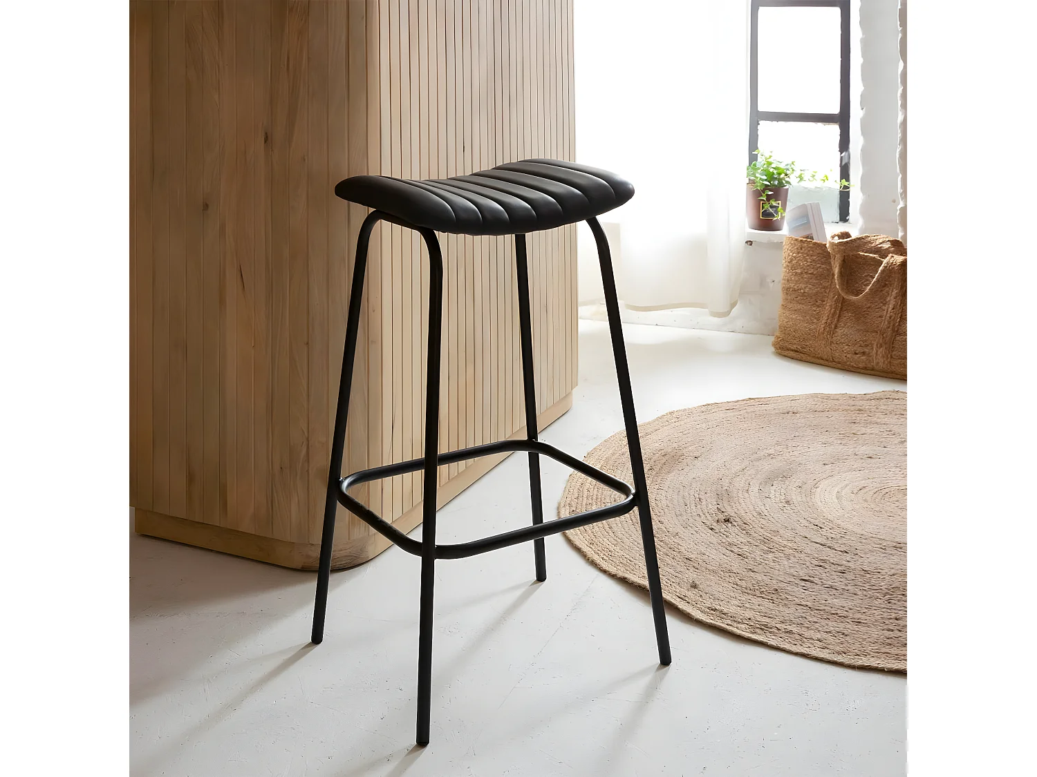 Tabouret de bar en cuir noir et métal Alexandre (lot de 2)