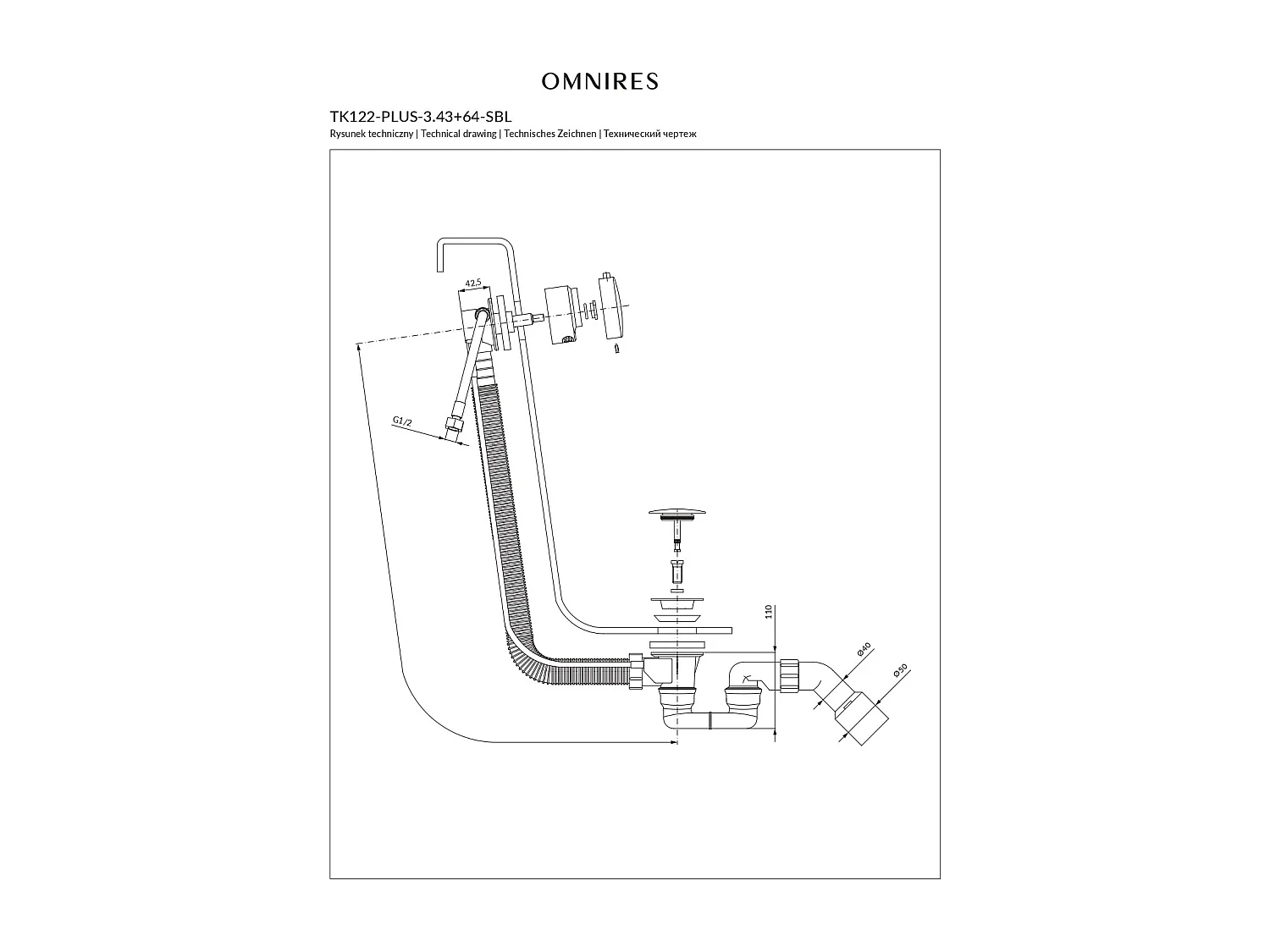 Ensemble de vidange de baignoire avec bonde extra-plat en laiton - Blanc