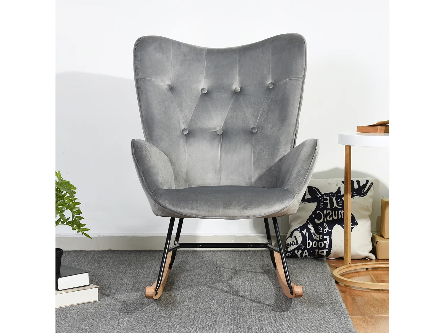 Mecedora escandinava en terciopelo gris patas de madera de haya 68 x 87 x 98 cm EPPING VELVET GRIS OSCURO