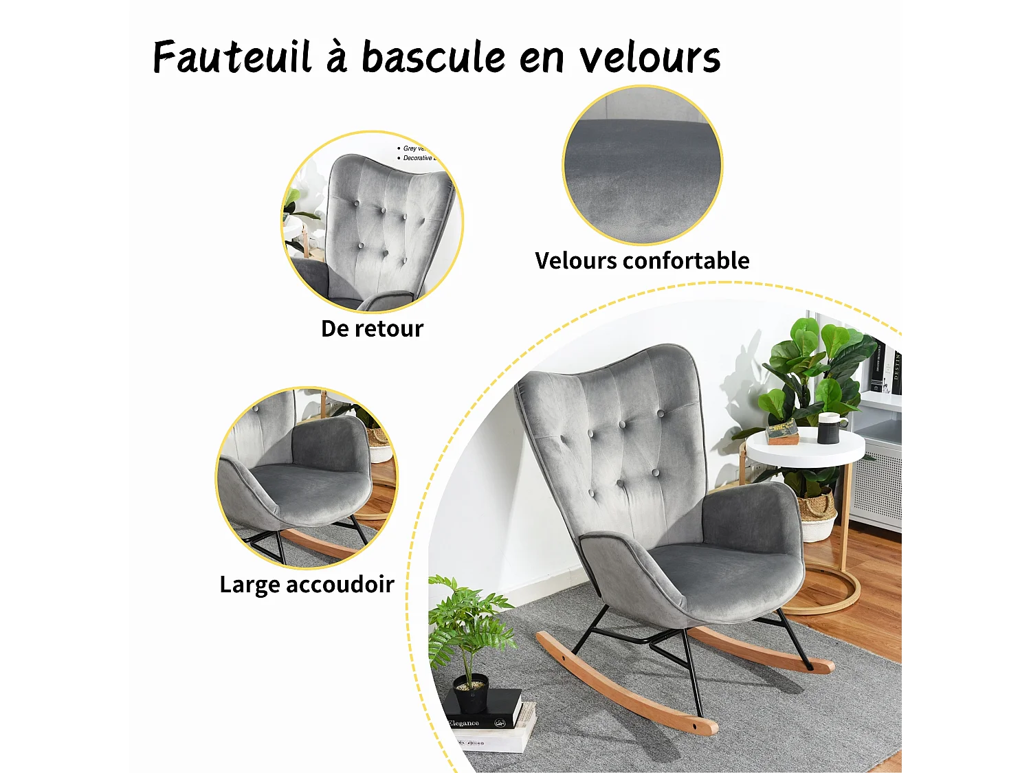 Mecedora escandinava en terciopelo gris patas de madera de haya 68 x 87 x 98 cm EPPING VELVET GRIS OSCURO