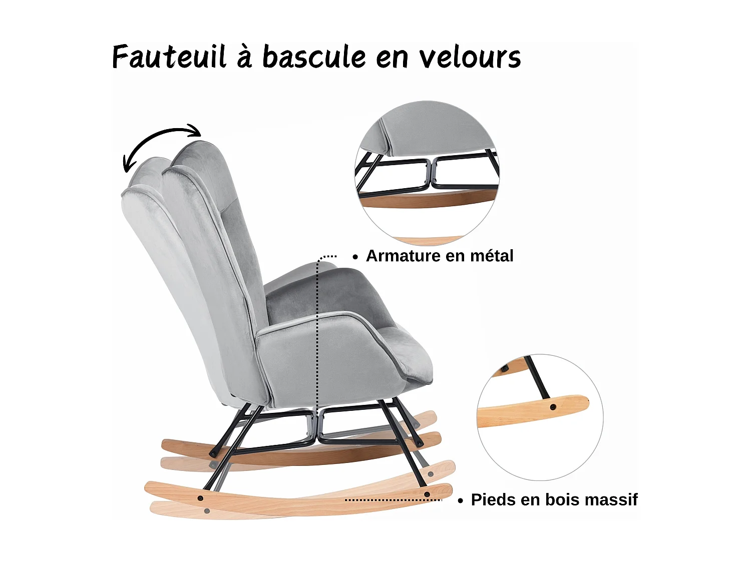 Mecedora escandinava en terciopelo gris patas de madera de haya 68 x 87 x 98 cm EPPING VELVET GRIS OSCURO