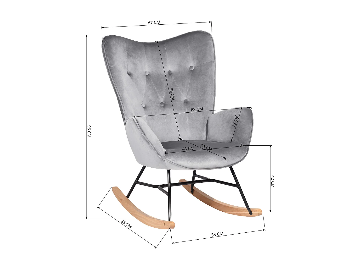 Mecedora escandinava en terciopelo gris patas de madera de haya 68 x 87 x 98 cm EPPING VELVET GRIS OSCURO