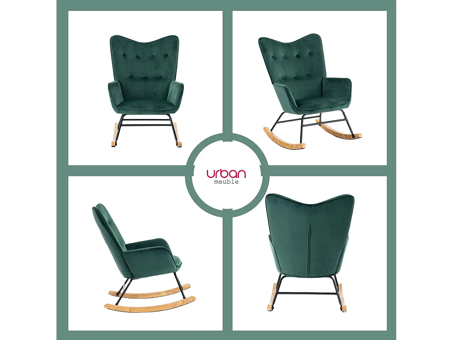 URBAN MEUBLE Fauteuil à bascule Scandinave velours vert pieds en bois clair
