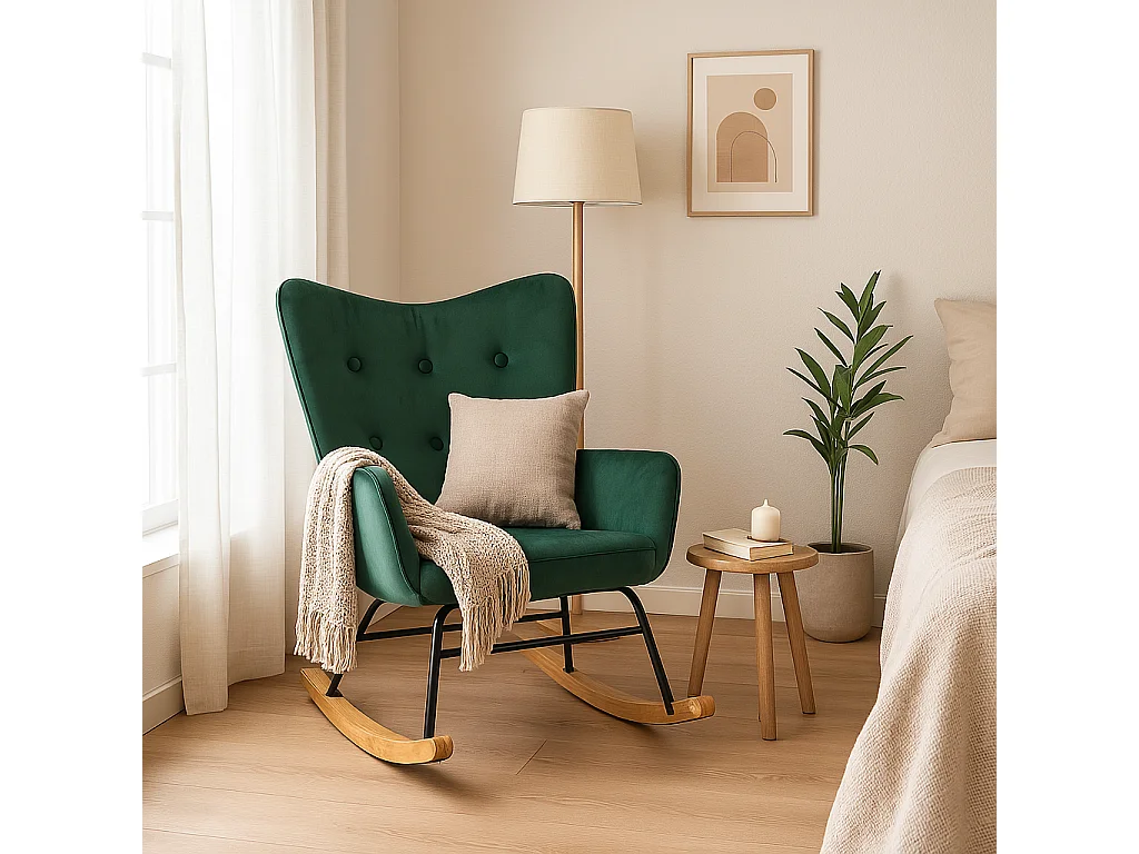 URBAN MEUBLE Fauteuil à bascule Scandinave velours vert pieds en bois clair