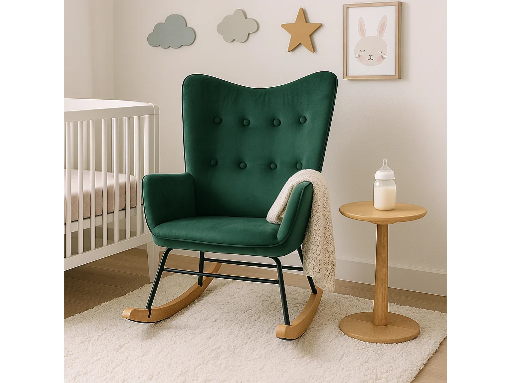 URBAN MEUBLE Fauteuil à bascule Scandinave velours vert pieds en bois clair