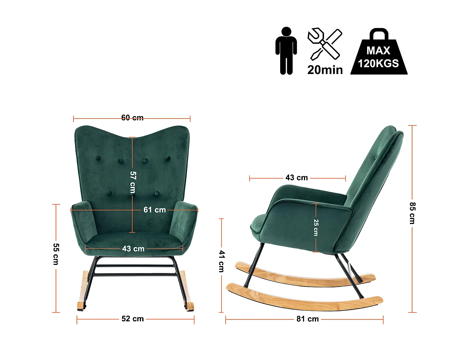 URBAN MEUBLE Fauteuil à bascule Scandinave velours vert pieds en bois clair