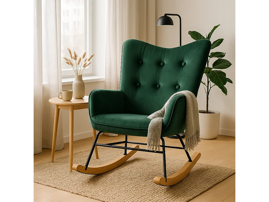 URBAN MEUBLE Fauteuil à bascule Scandinave velours vert pieds en bois clair