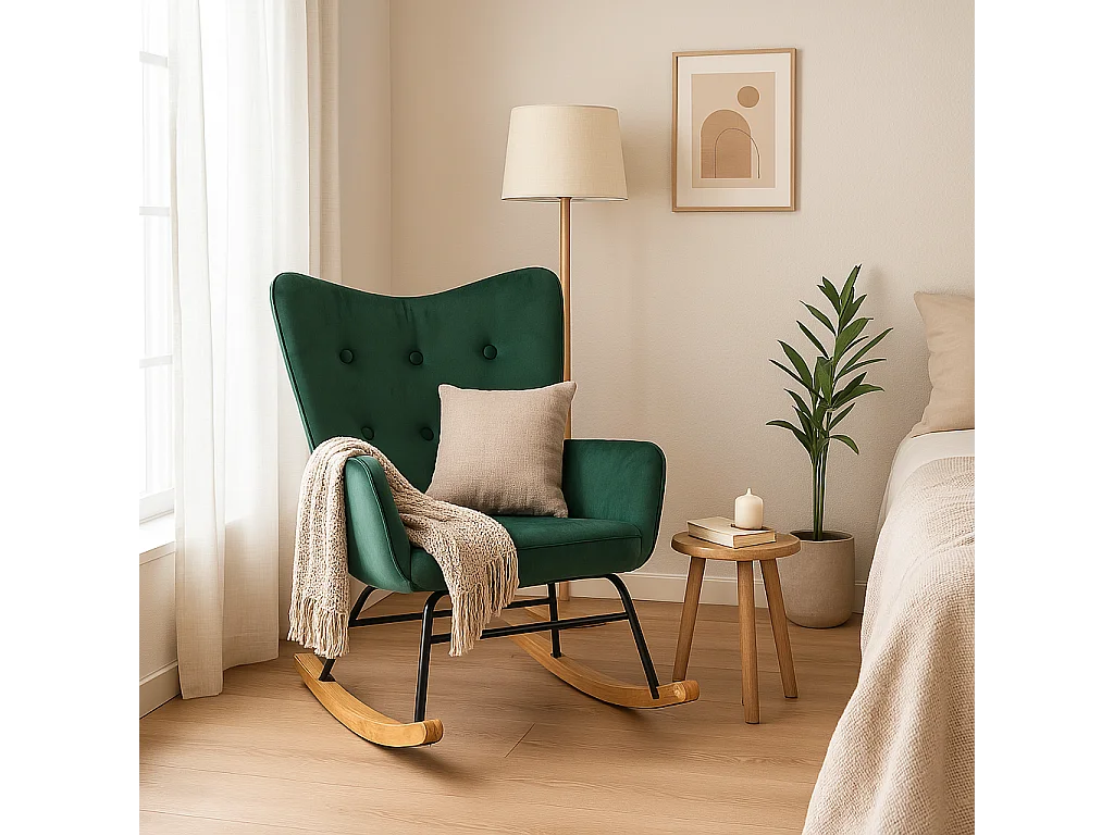 URBAN MEUBLE Fauteuil à bascule Scandinave velours vert pieds en bois clair