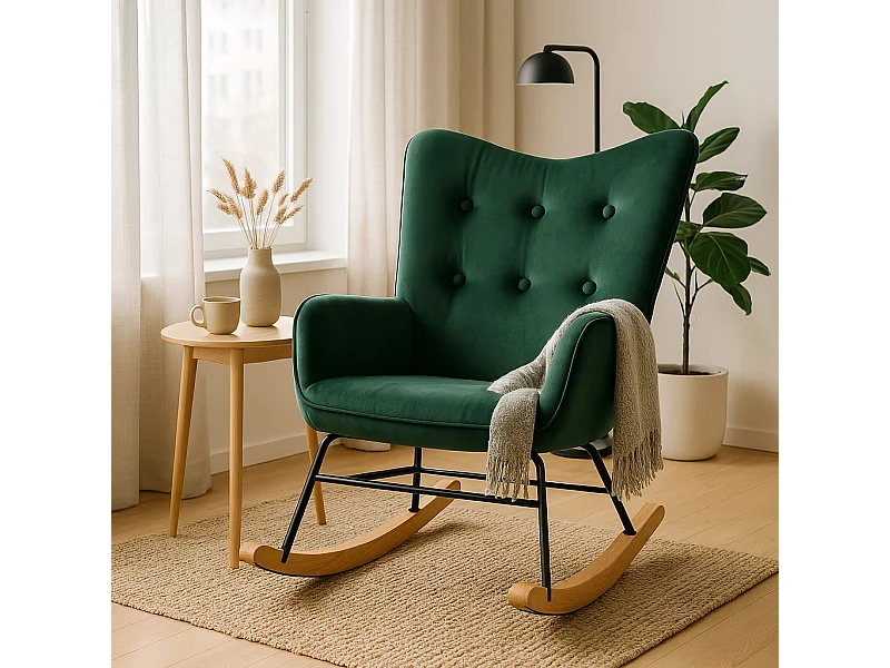 URBAN MEUBLE Fauteuil à bascule Scandinave velours vert pieds en bois clair
