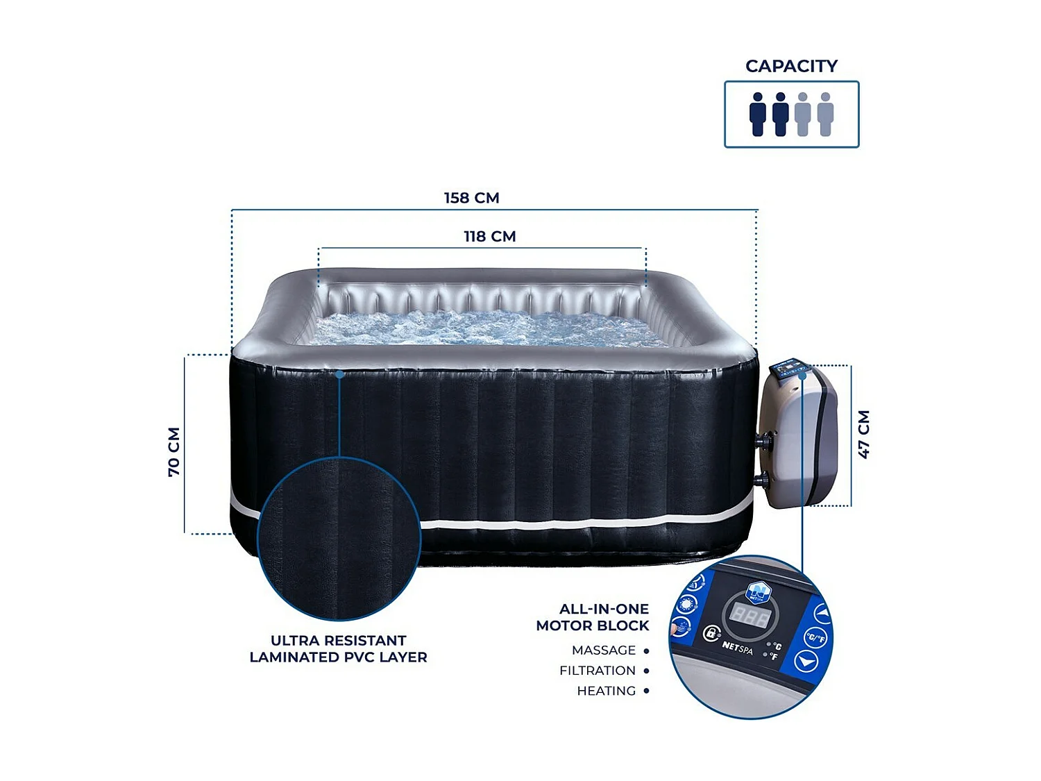 Pack Spa Hinchable Netspa carré Bohemian 2 Lugares 158x158x70cm - Triple función: Calefacción, Filtración, Masaje - Vol 650L - Modèle 2022