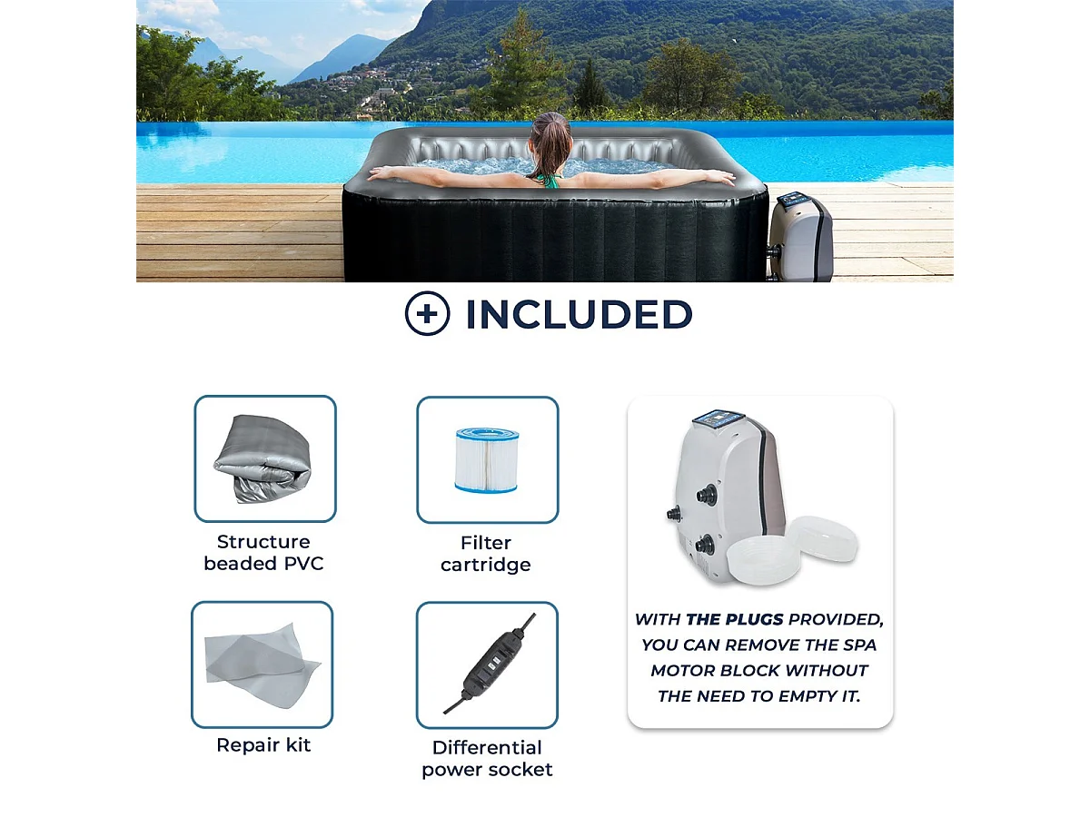 Pack Spa Hinchable Netspa carré Bohemian 2 Lugares 158x158x70cm - Triple función: Calefacción, Filtración, Masaje - Vol 650L - Modèle 2022