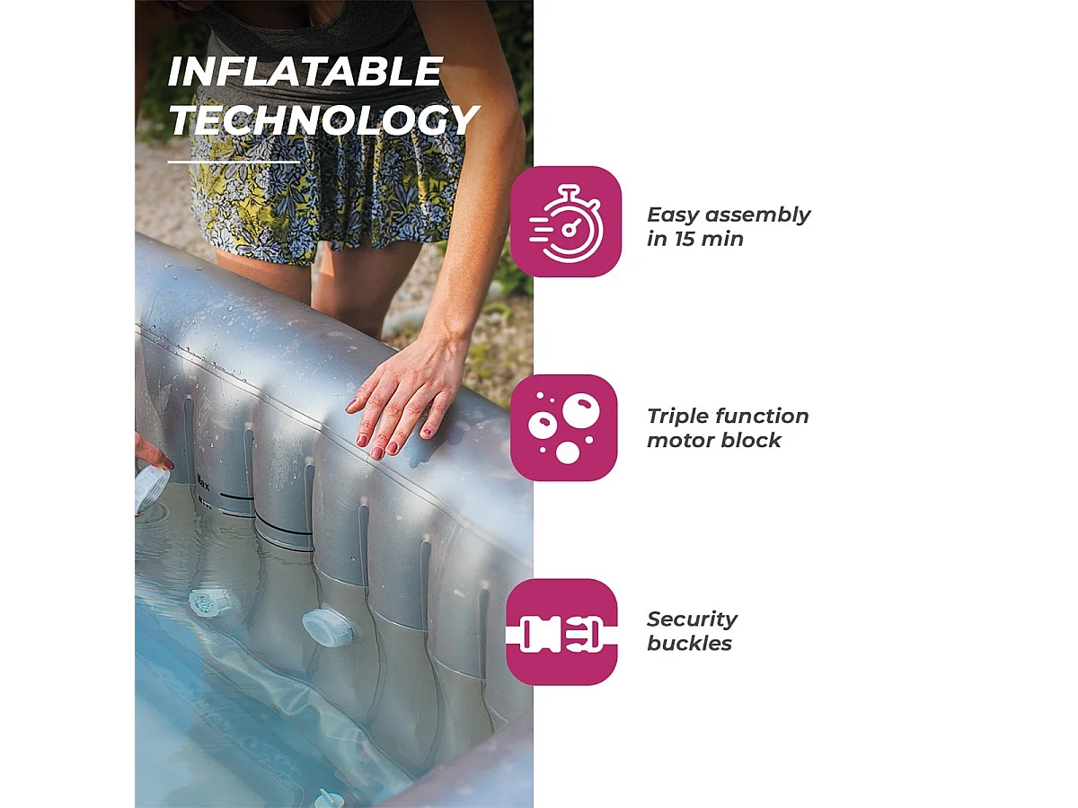 Pack Spa Hinchable Netspa carré Bohemian 2 Lugares 158x158x70cm - Triple función: Calefacción, Filtración, Masaje - Vol 650L - Modèle 2022