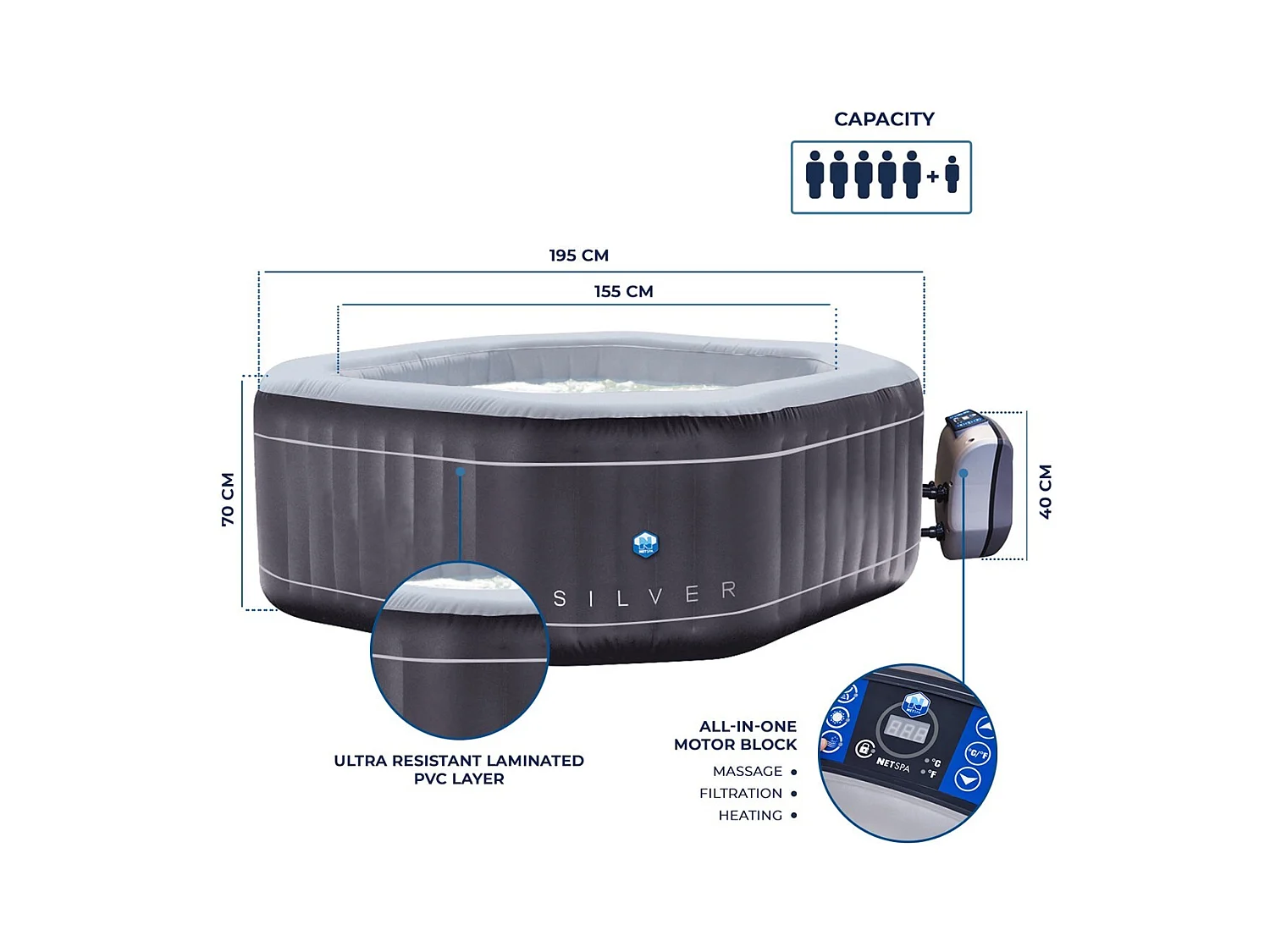 Aufblasbarer Whirlpool Octogonal Netspa Silver - 5/6 Personen 195X70Cm - 850L Liner Outdoor Pvc Laminat/Perlweiß