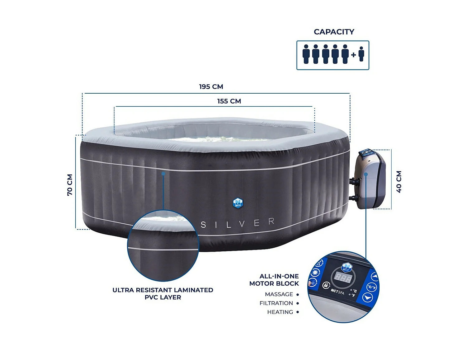 Spa gonfiabile ottagonale Netspa Silver - 5/6 persone 195X70Cm - 850L Fodera esterna in Pvc laminato/Bianco perla