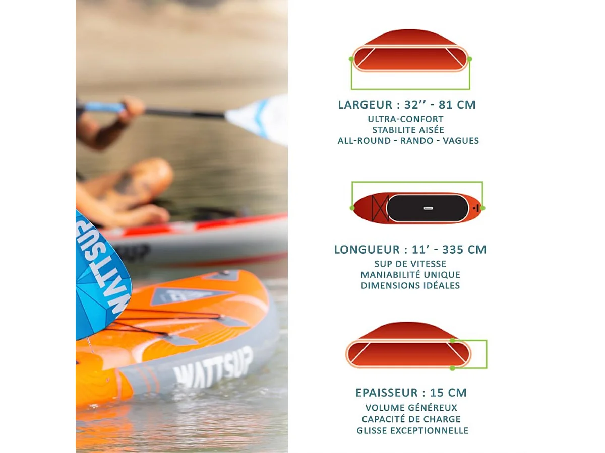 SUP Paddle Aufblasbarer Orange Swordfish 11' Wattsup 335x81x15cm (11'x32''x6'') - Dropstitch Komplettpaket - MAX 145kg - 304L