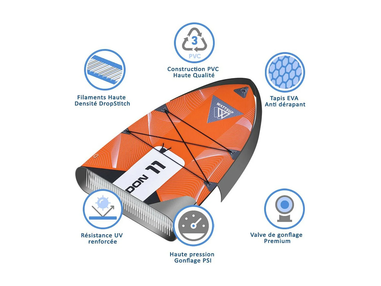 SUP Paddle Aufblasbarer Orange Swordfish 11' Wattsup 335x81x15cm (11'x32''x6'') - Dropstitch Komplettpaket - MAX 145kg - 304L