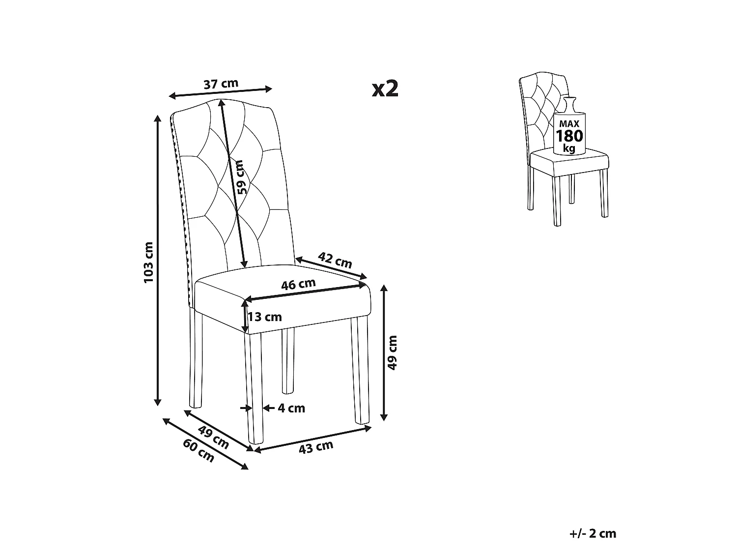 Lot de 2 chaises de salle à manger SHIRLEY Tissu Crème
