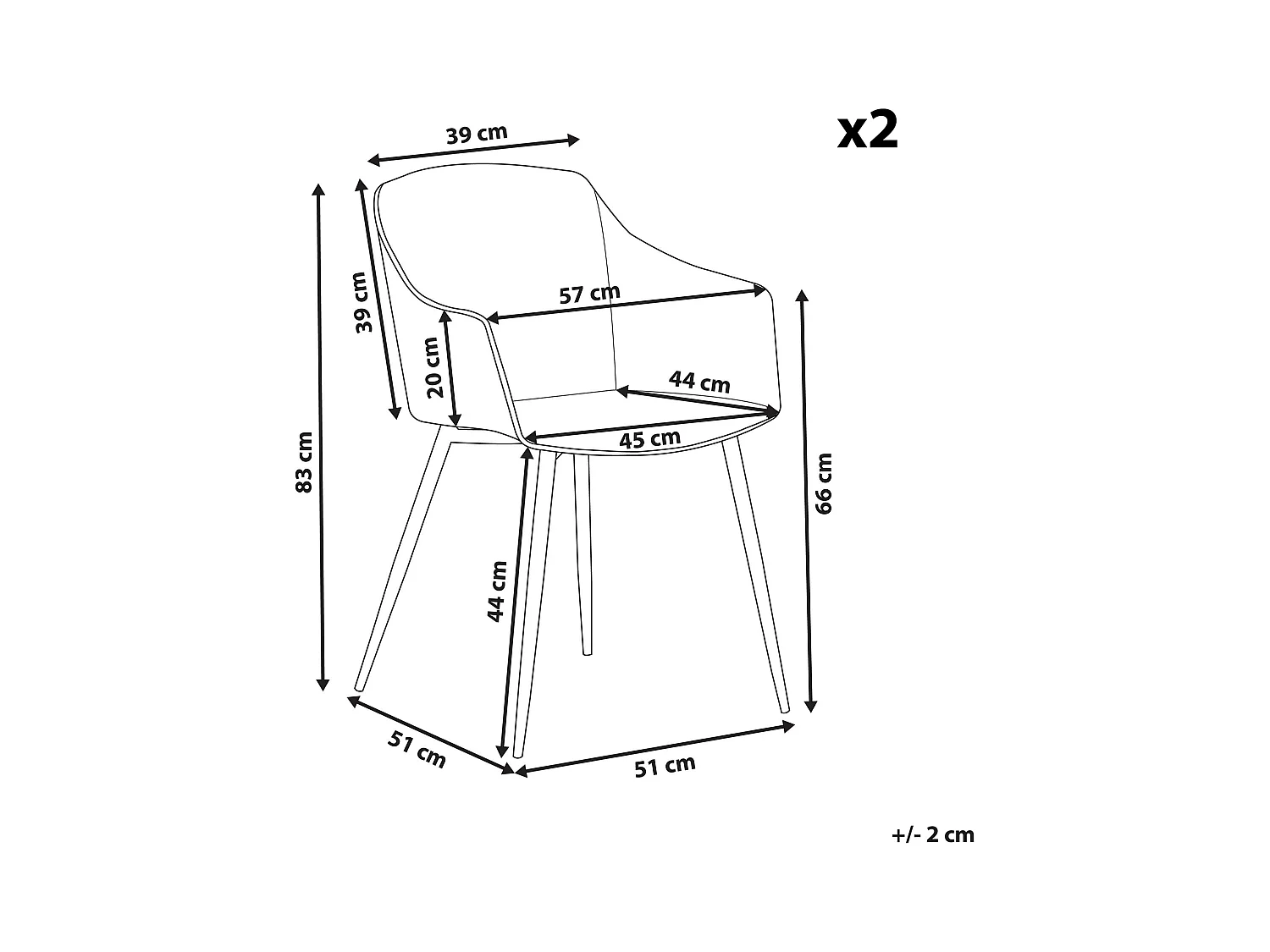 Esszimmerstuhl mit Armlehnen in Weiß und schwarzen Metallbeinen 2er Set Fonda