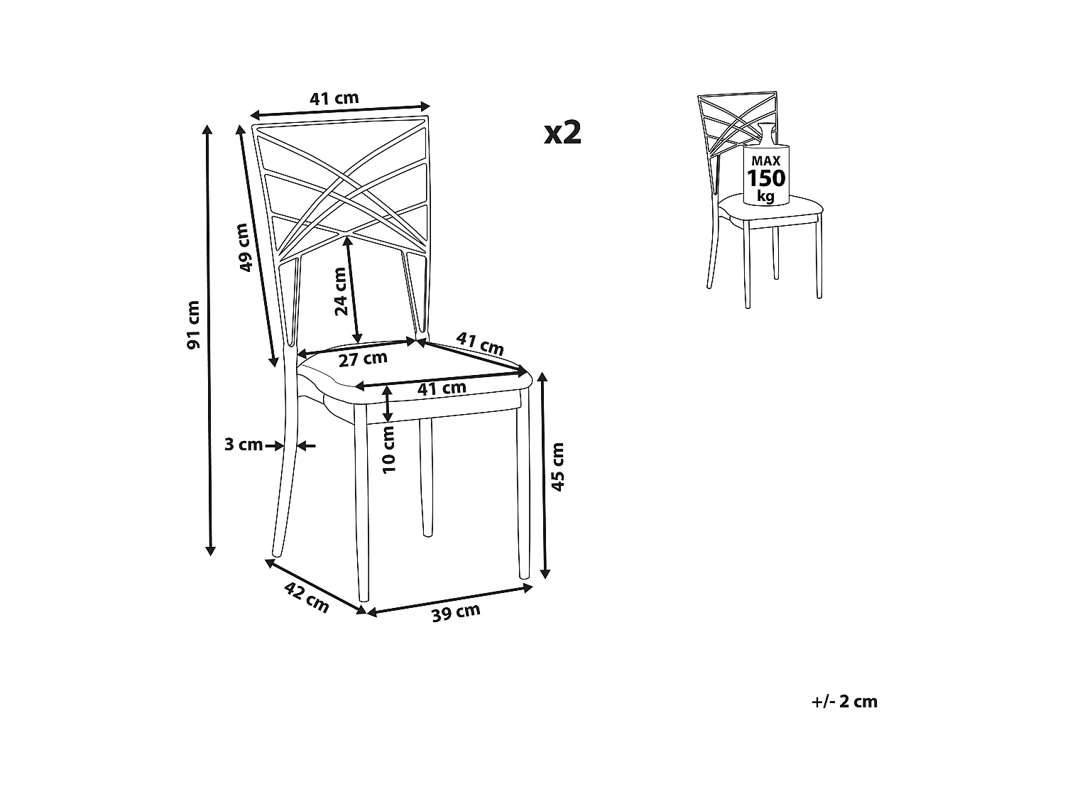 Conjunto de 2 cadeiras de jantar GIRARD Metal Prateado