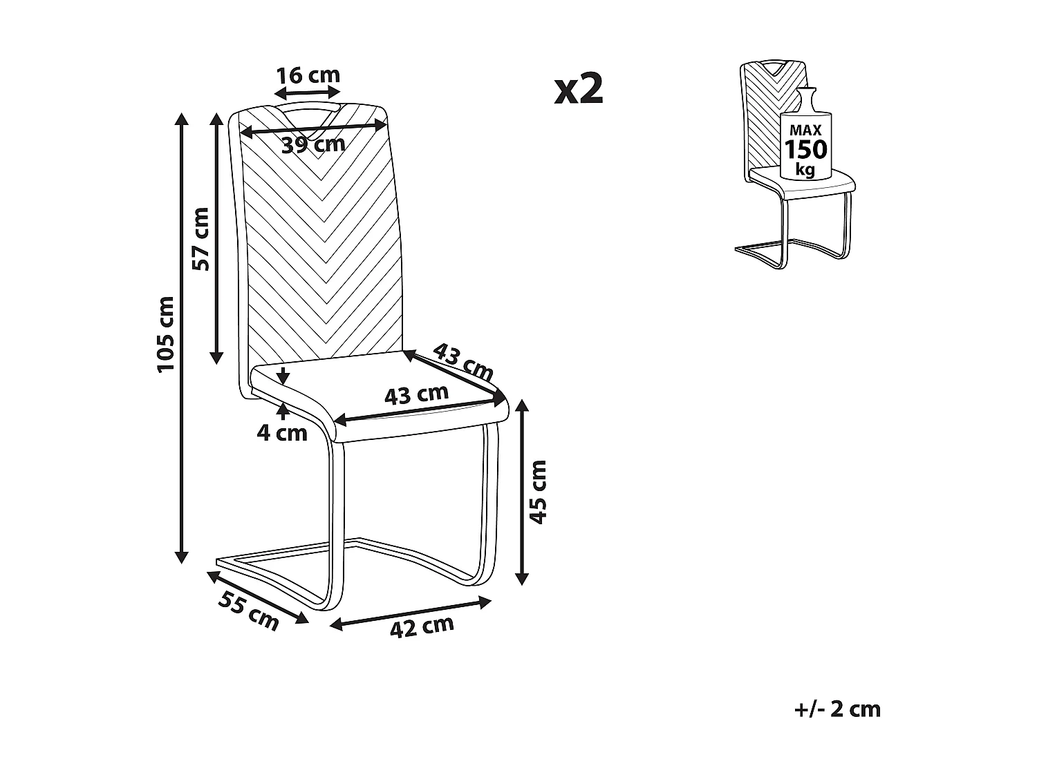 Moderner Freischwinger Stuhl 2er Set in Grau aus Kunstleder mit Griff Picknes