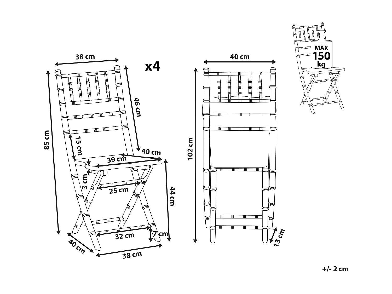 Lot de 4 chaises de salle à manger Pliant MACHIAS Bois de hêtre Argenté