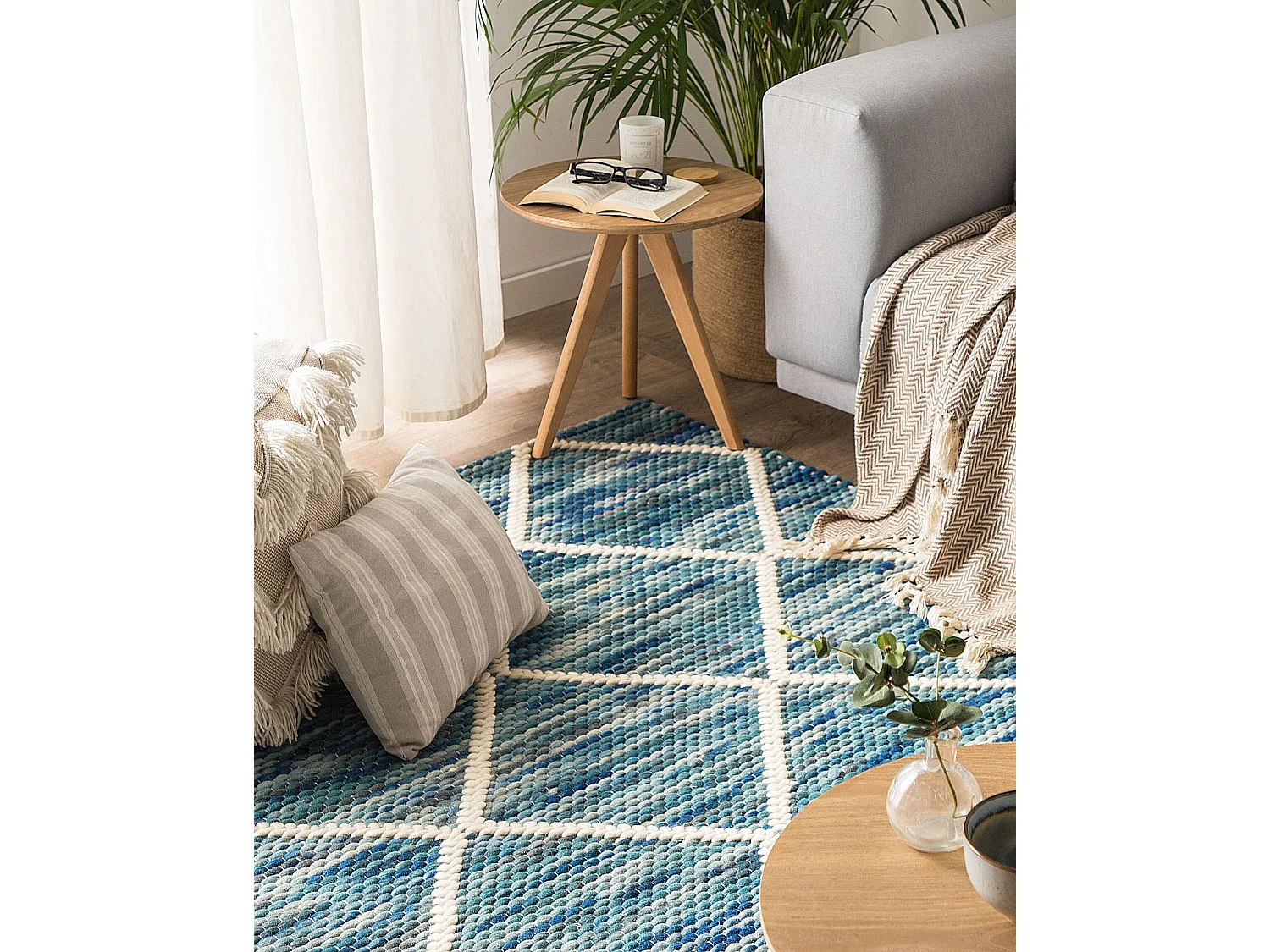 Moderner Teppich in Blau aus Wolle Polyester Baumwolle Rechteckig 140 x 200 cm